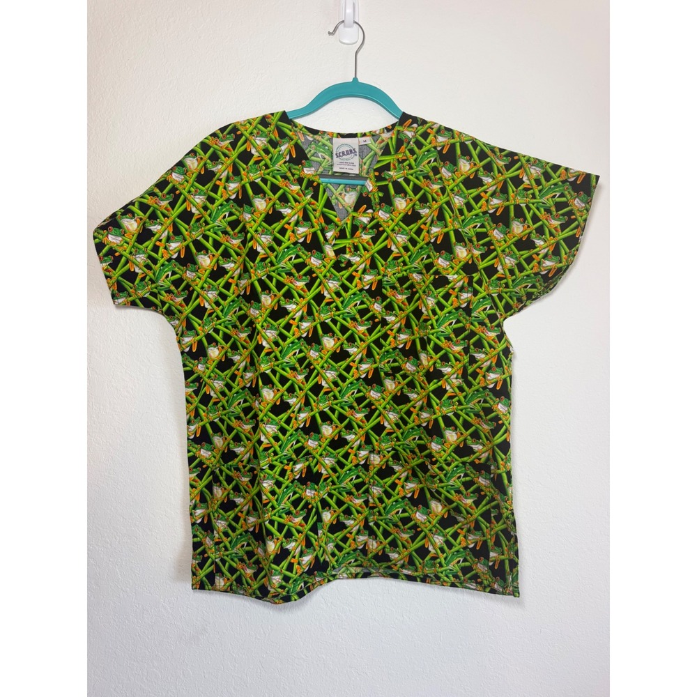 S.C.R.U.B.S. Tree Frog Bamboo Print Scrub Top V-Neck Cotton Green Medium